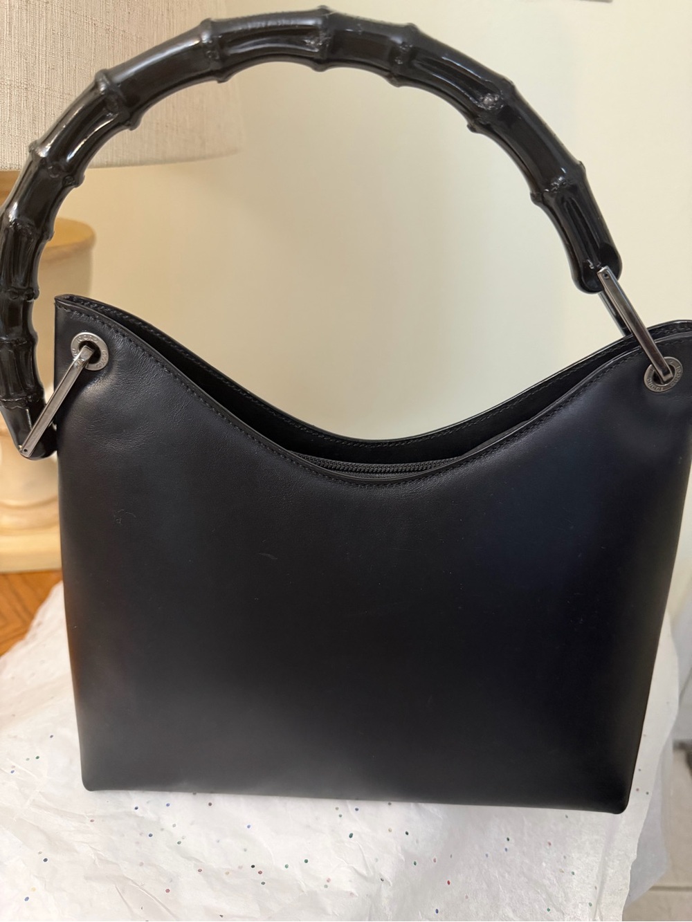 Vintage GUCCI Leather Black Bamboo Top-Handle Shoulder Bag , Silver Hardware